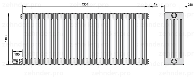 Схема (чертеж) Радиатор Zehnder Charleston 6110/29 №V003 Белый глянцевый RAL 9016